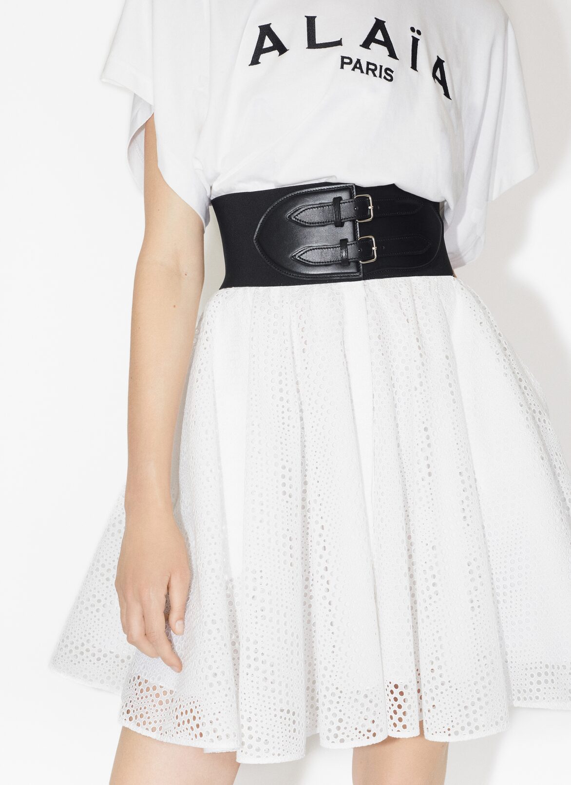 Belted with broderie anglaise ALAÏA WHITE BELTED WITH BRODERIE ANGLAISE